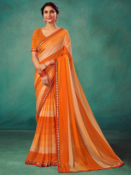 NOZ2TOZ Women's Chiffon Orange Embellished Designer Saree With Blouse Piece - Distacart