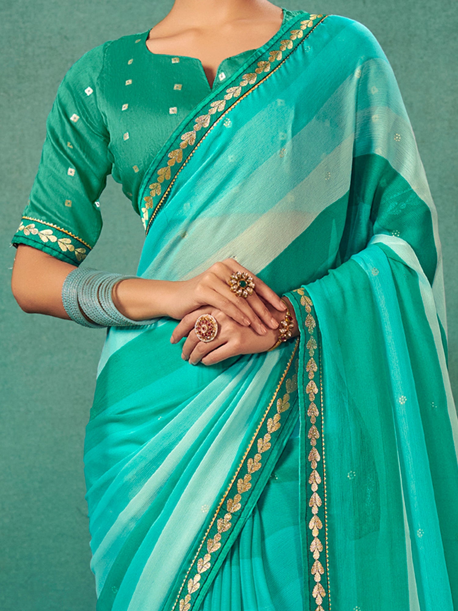 NOZ2TOZ Women's Chiffon Teal blue Embellished Designer Saree With Blouse Piece - Distacart