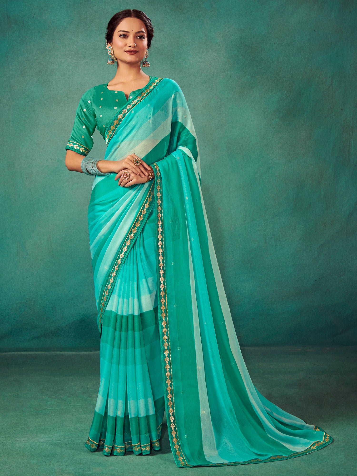 NOZ2TOZ Women's Chiffon Teal blue Embellished Designer Saree With Blouse Piece - Distacart