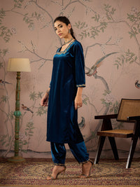 Thumbnail for Lyush Women Teal Velvet Glass Neck Front Embroidered Kurta