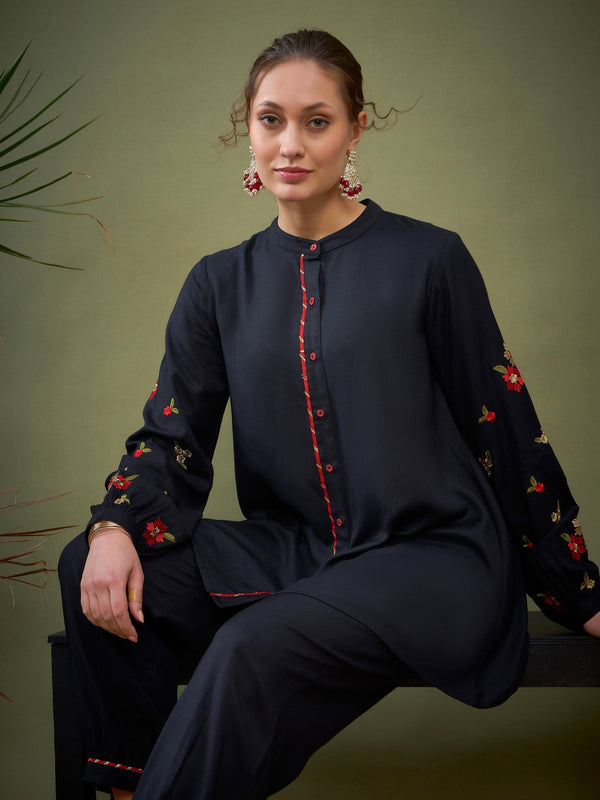 Buy Lyush Women Black Sleeve Embroidered Shirt With Cuff