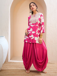 Thumbnail for Lyush Women Pink Floral Embroidered Kurta With Dhoti Skirt