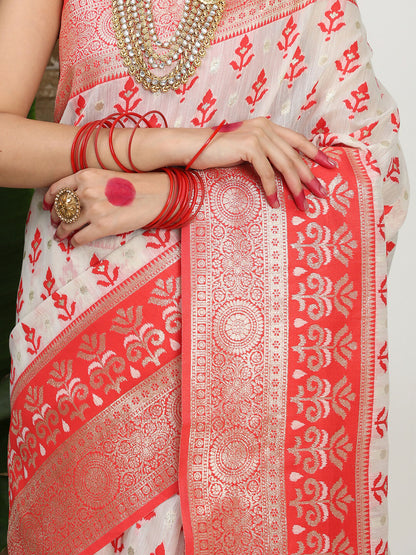 Shree Shyam Fashion Linen Cotton Red & White Saree - Distacart