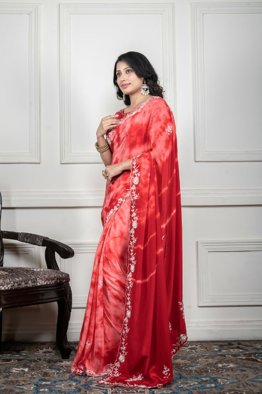 Morchari Red Crepe Hand Embroidery Saree And Stitched Blouse - Distacart