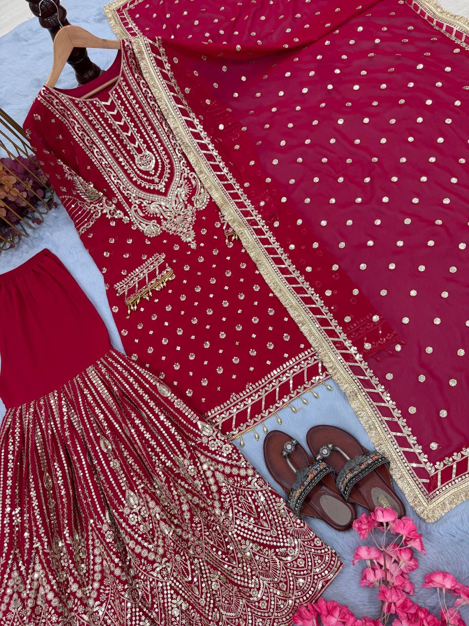SIE Designer Party Wear Look Heavy Faux Georgette Top Palazzo & Dupatta Set - Rani