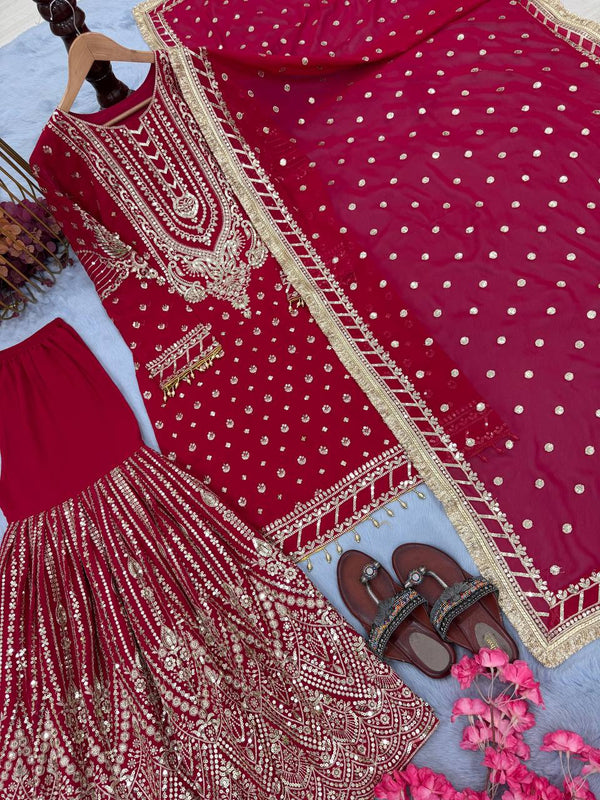 SIE Designer Party Wear Look Heavy Faux Georgette Top Palazzo & Dupatta Set - Rani