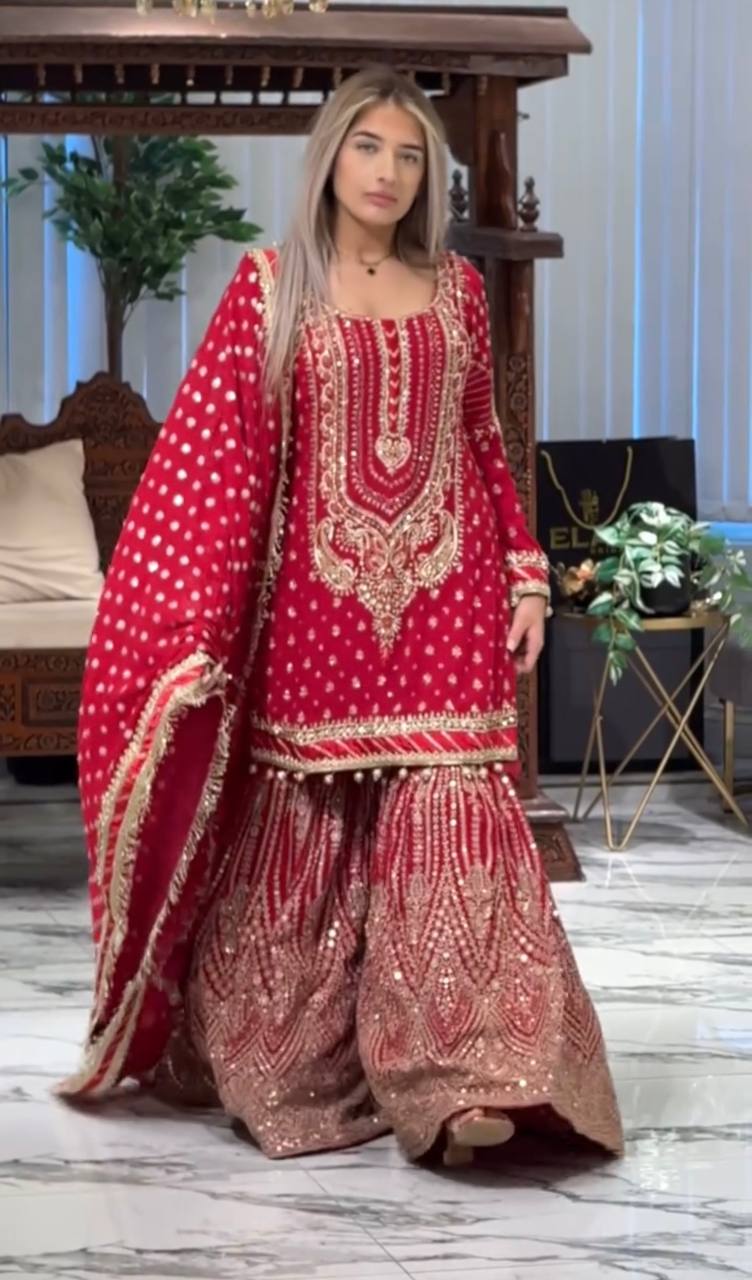 SIE Designer Party Wear Look Heavy Faux Georgette Top Palazzo & Dupatta Set - Rani