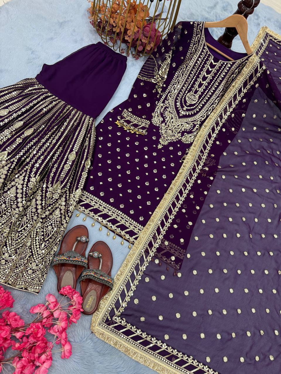SIE Designer Party Wear Look Heavy Faux Georgette Top Palazzo & Dupatta Set - Purple