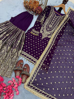 Thumbnail for SIE Designer Party Wear Look Heavy Faux Georgette Top Palazzo & Dupatta Set - Purple