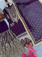 Thumbnail for SIE Designer Party Wear Look Heavy Faux Georgette Top Palazzo & Dupatta Set - Purple