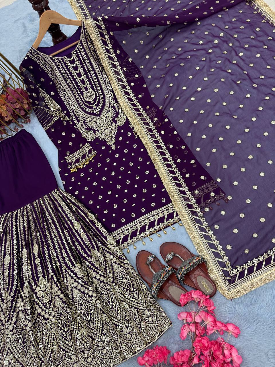 SIE Designer Party Wear Look Heavy Faux Georgette Top Palazzo & Dupatta Set - Purple