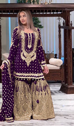 Thumbnail for SIE Designer Party Wear Look Heavy Faux Georgette Top Palazzo & Dupatta Set - Purple