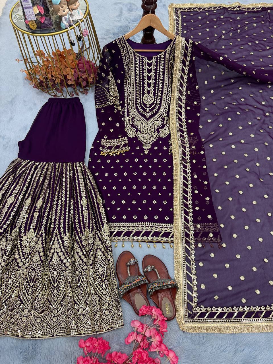 SIE Designer Party Wear Look Heavy Faux Georgette Top Palazzo & Dupatta Set - Purple