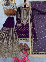 Thumbnail for SIE Designer Party Wear Look Heavy Faux Georgette Top Palazzo & Dupatta Set - Purple