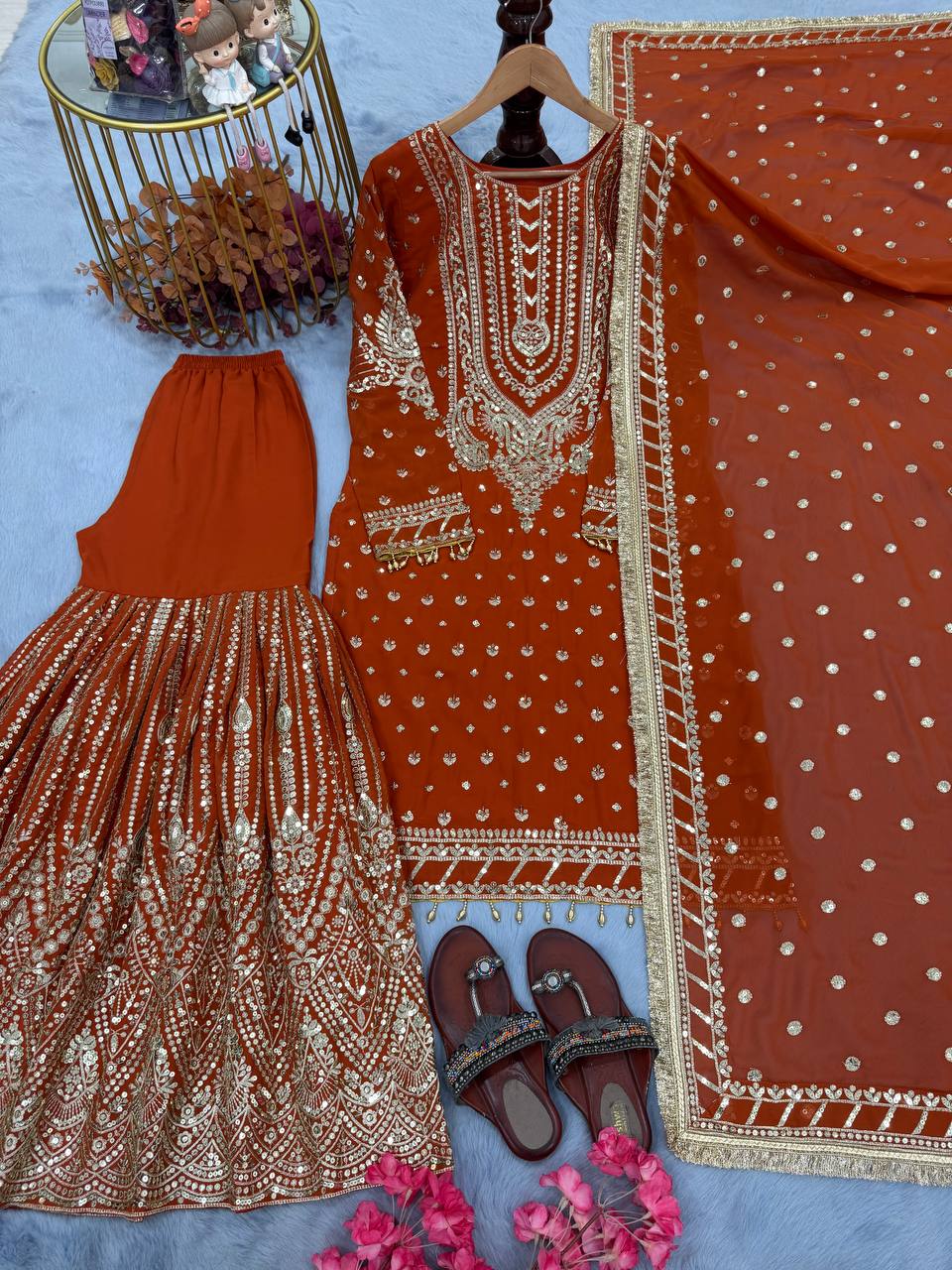 SIE Designer Party Wear Look Heavy Faux Georgette Top Palazzo & Dupatta Set - Orange