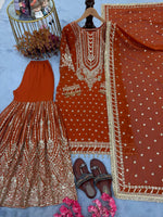 Thumbnail for SIE Designer Party Wear Look Heavy Faux Georgette Top Palazzo & Dupatta Set - Orange