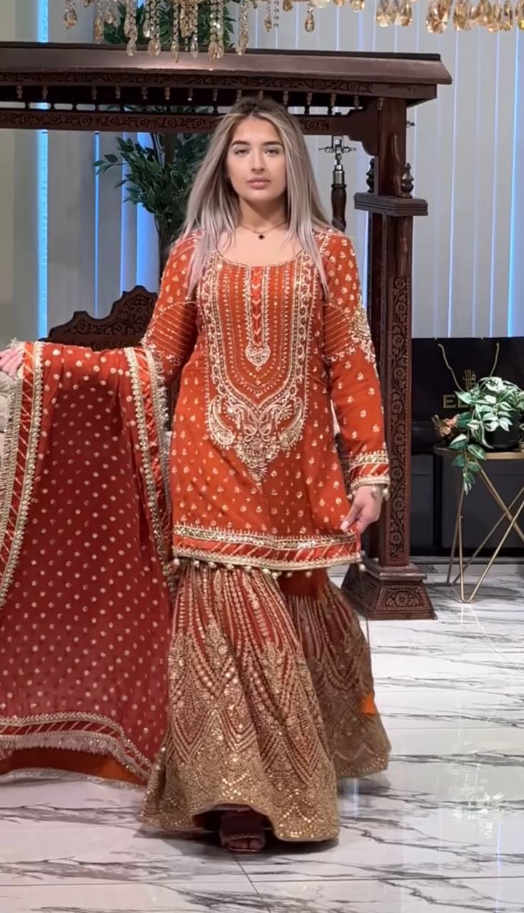 SIE Designer Party Wear Look Heavy Faux Georgette Top Palazzo & Dupatta Set - Orange
