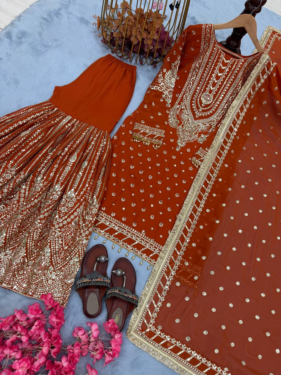 SIE Designer Party Wear Look Heavy Faux Georgette Top Palazzo & Dupatta Set - Orange
