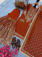 Thumbnail for SIE Designer Party Wear Look Heavy Faux Georgette Top Palazzo & Dupatta Set - Orange