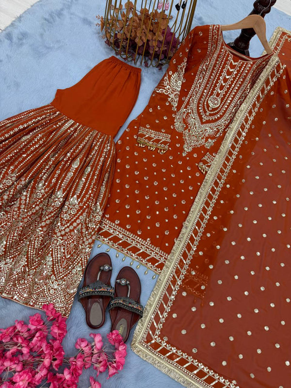 SIE Designer Party Wear Look Heavy Faux Georgette Top Palazzo & Dupatta Set - Orange