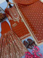 Thumbnail for SIE Designer Party Wear Look Heavy Faux Georgette Top Palazzo & Dupatta Set - Orange