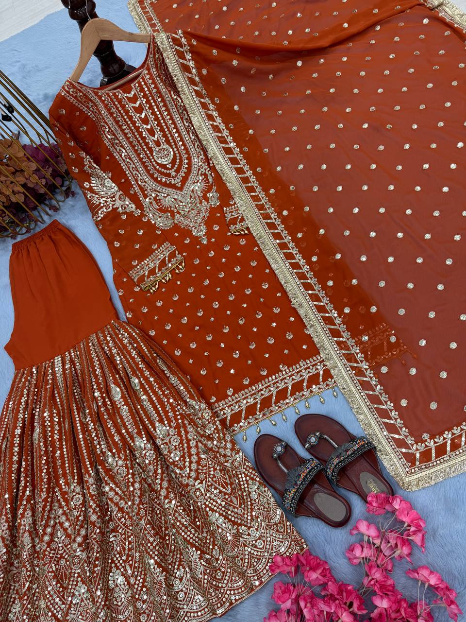 SIE Designer Party Wear Look Heavy Faux Georgette Top Palazzo & Dupatta Set - Orange