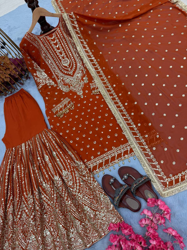 SIE Designer Party Wear Look Heavy Faux Georgette Top Palazzo & Dupatta Set - Orange
