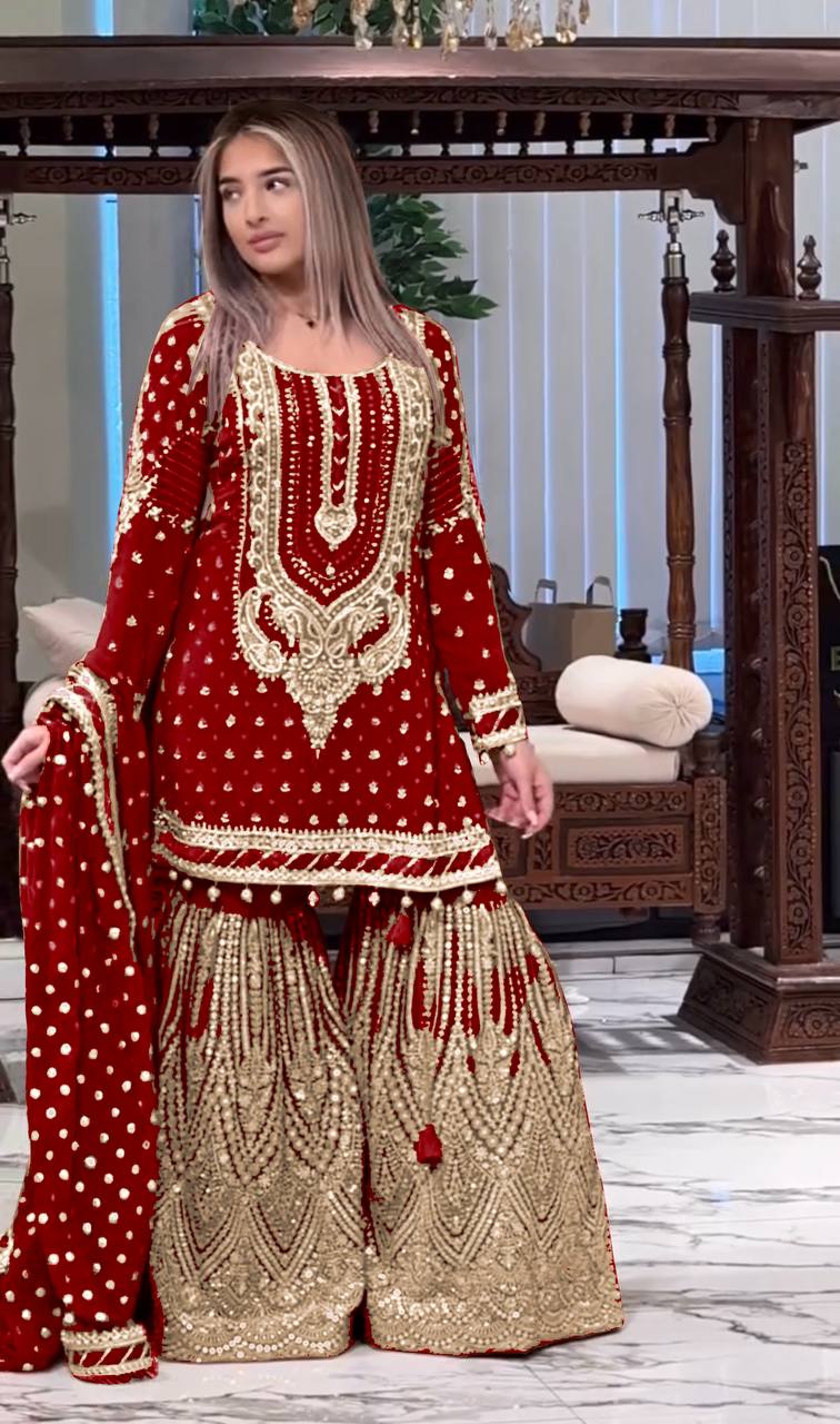 SIE Designer Party Wear Look Heavy Faux Georgette Top Palazzo & Dupatta Set - Red