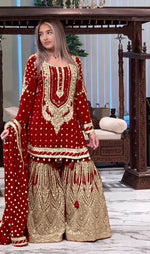 Thumbnail for SIE Designer Party Wear Look Heavy Faux Georgette Top Palazzo & Dupatta Set - Red