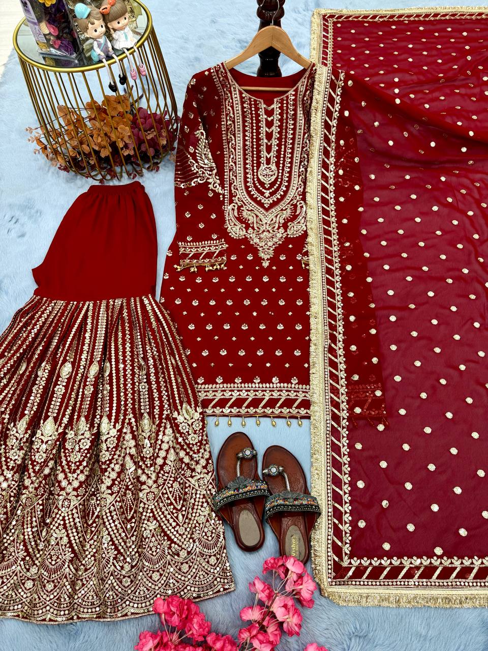 SIE Designer Party Wear Look Heavy Faux Georgette Top Palazzo & Dupatta Set - Red