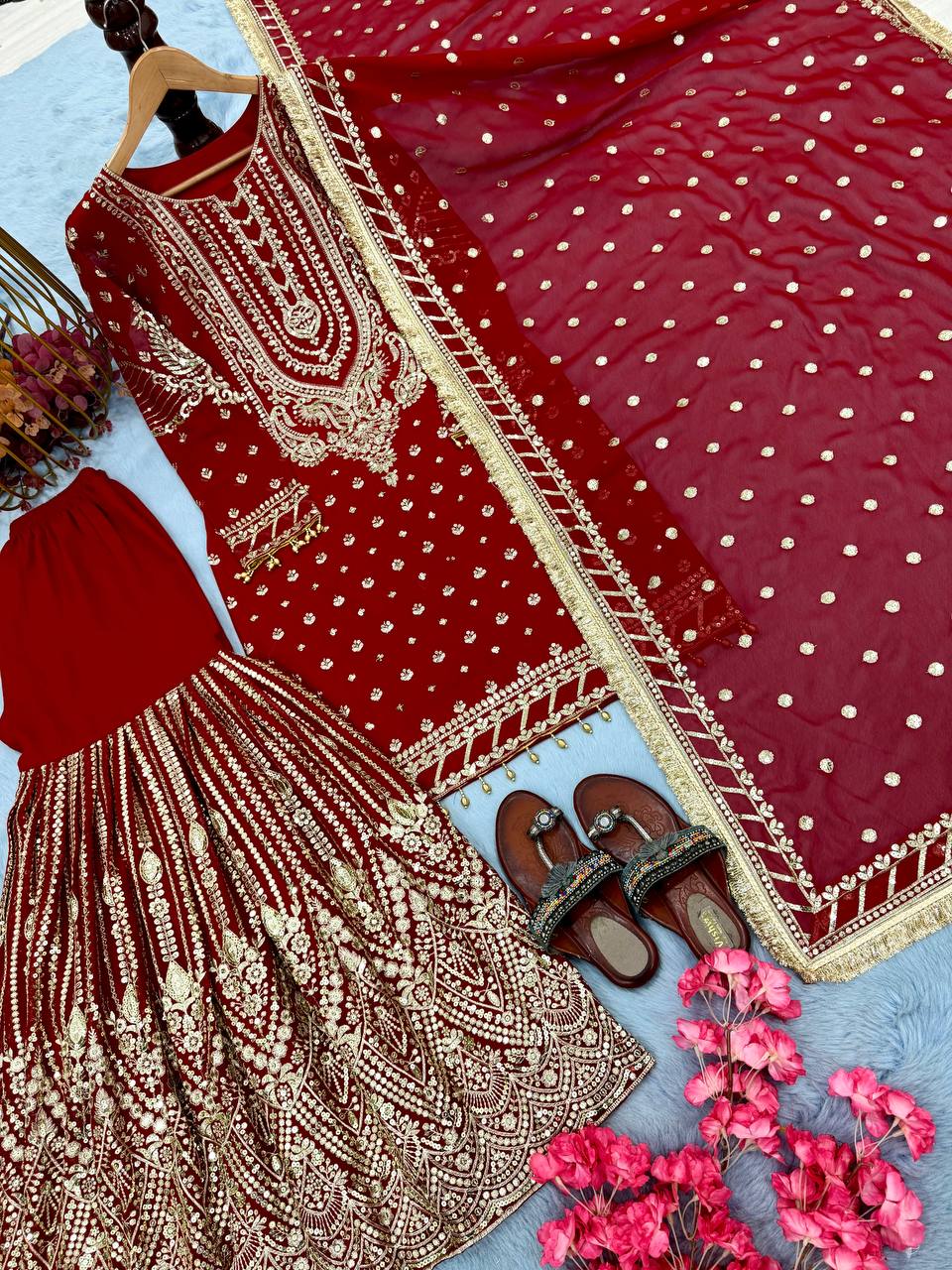 SIE Designer Party Wear Look Heavy Faux Georgette Top Palazzo & Dupatta Set - Red
