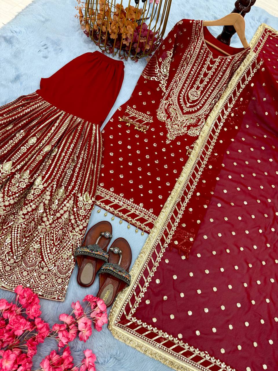 SIE Designer Party Wear Look Heavy Faux Georgette Top Palazzo & Dupatta Set - Red