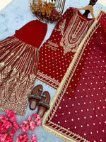 Thumbnail for SIE Designer Party Wear Look Heavy Faux Georgette Top Palazzo & Dupatta Set - Red