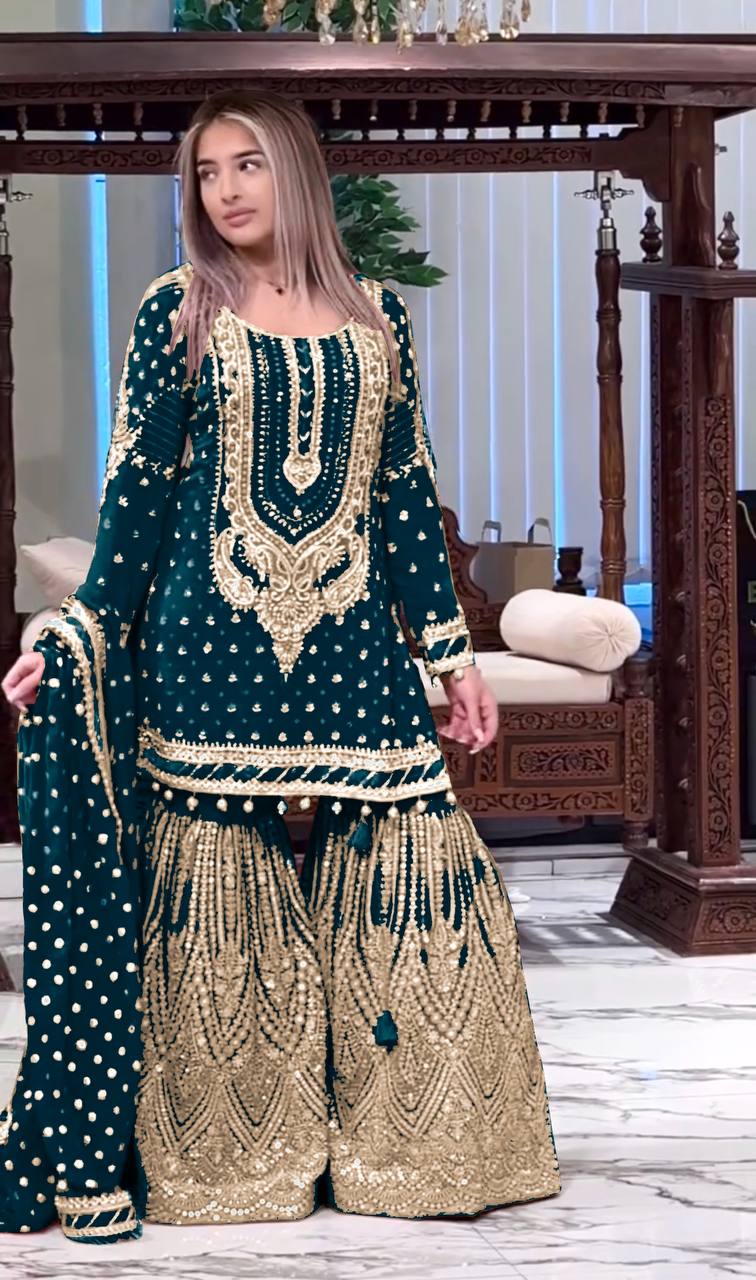 SIE Designer Party Wear Look Heavy Faux Georgette Top Palazzo & Dupatta Set - Blue