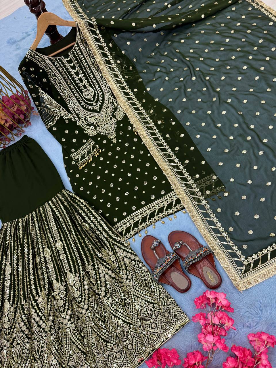 SIE Designer Party Wear Look Heavy Faux Georgette Top Palazzo & Dupatta Set - Green