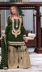 Thumbnail for SIE Designer Party Wear Look Heavy Faux Georgette Top Palazzo & Dupatta Set - Green