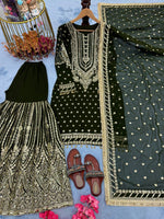 Thumbnail for SIE Designer Party Wear Look Heavy Faux Georgette Top Palazzo & Dupatta Set - Green