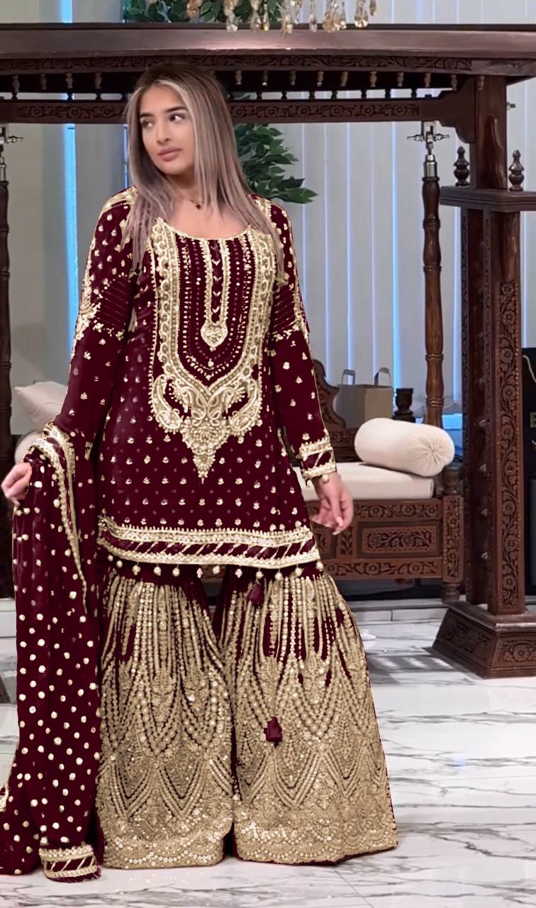 SIE Designer Party Wear Look Heavy Faux Georgette Top Palazzo & Dupatta Set - Maroon
