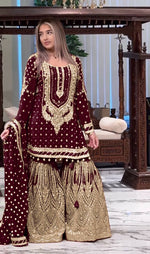 Thumbnail for SIE Designer Party Wear Look Heavy Faux Georgette Top Palazzo & Dupatta Set - Maroon