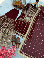 Thumbnail for SIE Designer Party Wear Look Heavy Faux Georgette Top Palazzo & Dupatta Set - Maroon