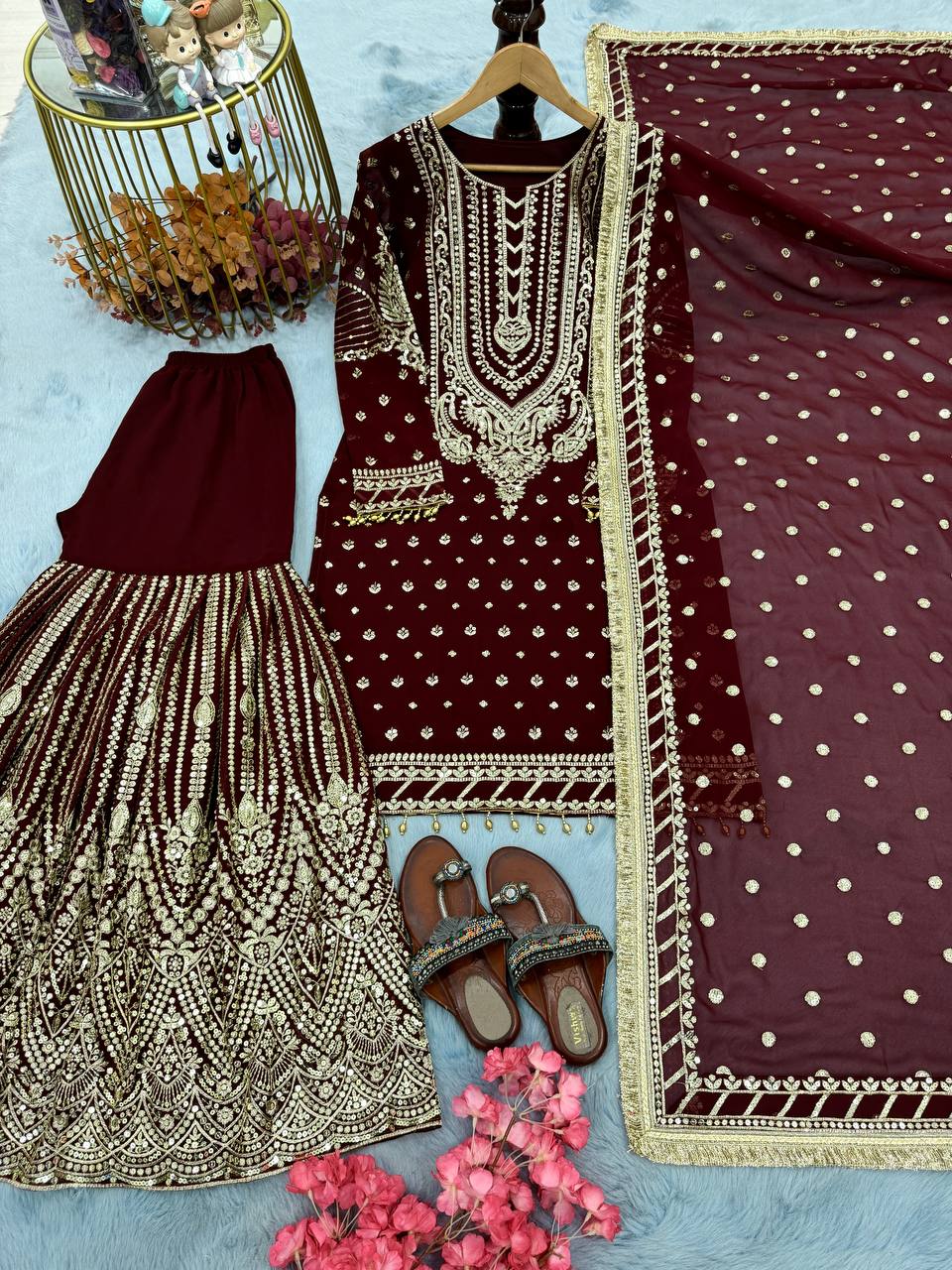 SIE Designer Party Wear Look Heavy Faux Georgette Top Palazzo & Dupatta Set - Maroon