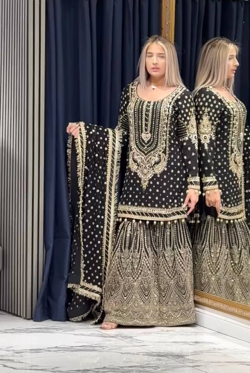 SIE Designer Party Wear Look Heavy Faux Georgette Top Palazzo & Dupatta Set - Black