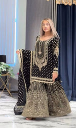 Thumbnail for SIE Designer Party Wear Look Heavy Faux Georgette Top Palazzo & Dupatta Set - Black
