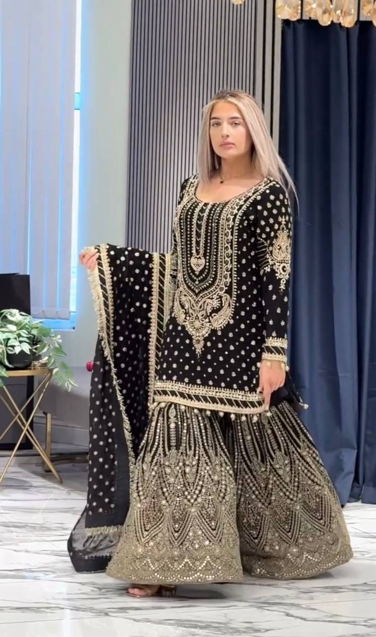 SIE Designer Party Wear Look Heavy Faux Georgette Top Palazzo & Dupatta Set - Black