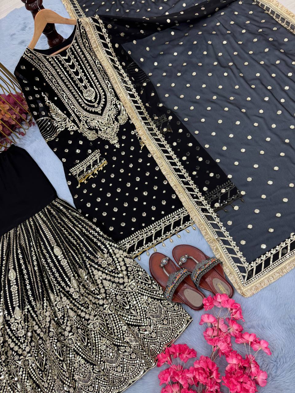 SIE Designer Party Wear Look Heavy Faux Georgette Top Palazzo & Dupatta Set - Black