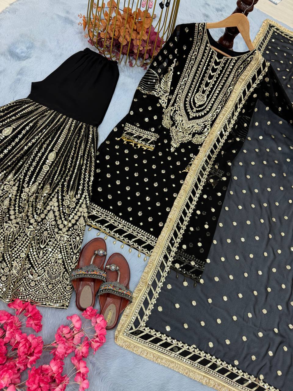 SIE Designer Party Wear Look Heavy Faux Georgette Top Palazzo & Dupatta Set - Black