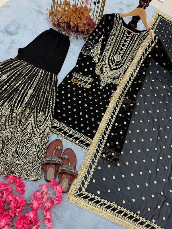 SIE Designer Party Wear Look Heavy Faux Georgette Top Palazzo & Dupatta Set - Black