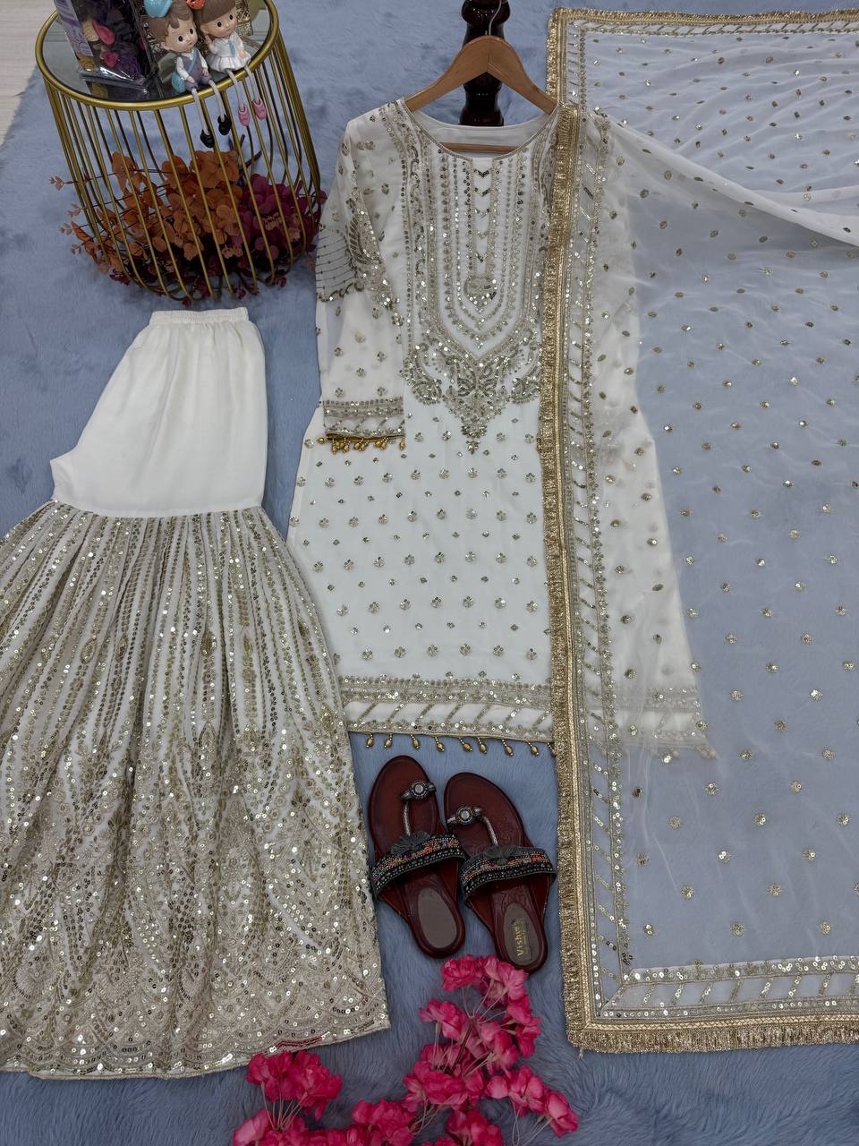 SIE Designer Party Wear Look Heavy Faux Georgette Top Palazzo & Dupatta Set - White