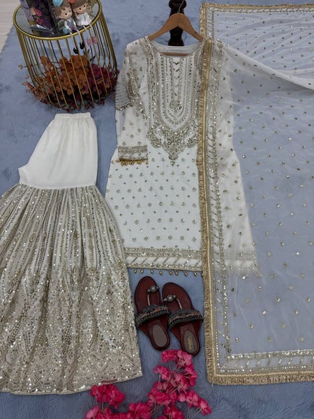 SIE Designer Party Wear Look Heavy Faux Georgette Top Palazzo & Dupatta Set - White