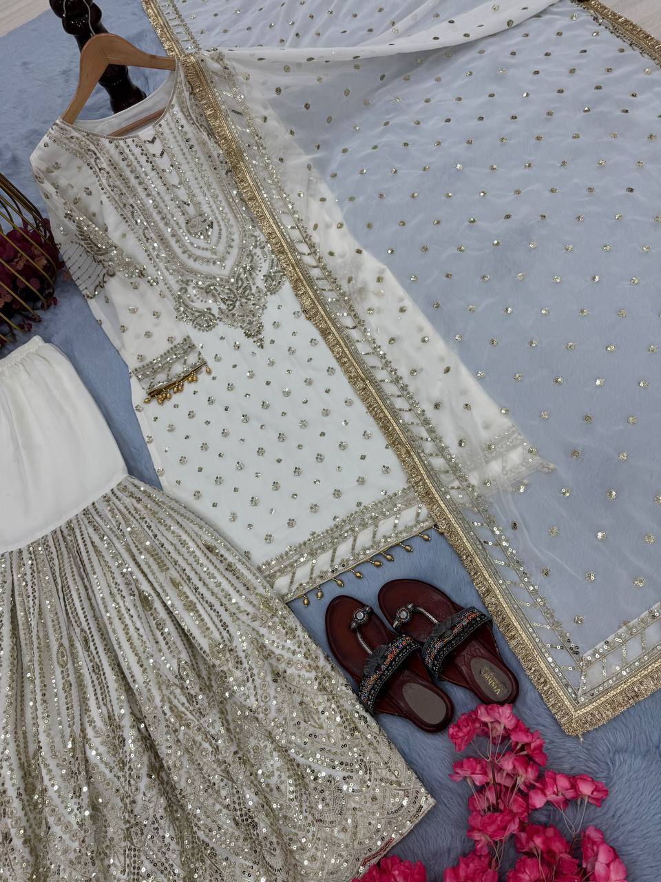 SIE Designer Party Wear Look Heavy Faux Georgette Top Palazzo & Dupatta Set - White